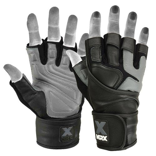 MRX Weight Lifting Pro Level Gloves with 18 Inches Long Wrist Strap Gym Workout Exercise & Fitness Black Grey (XX-Large)