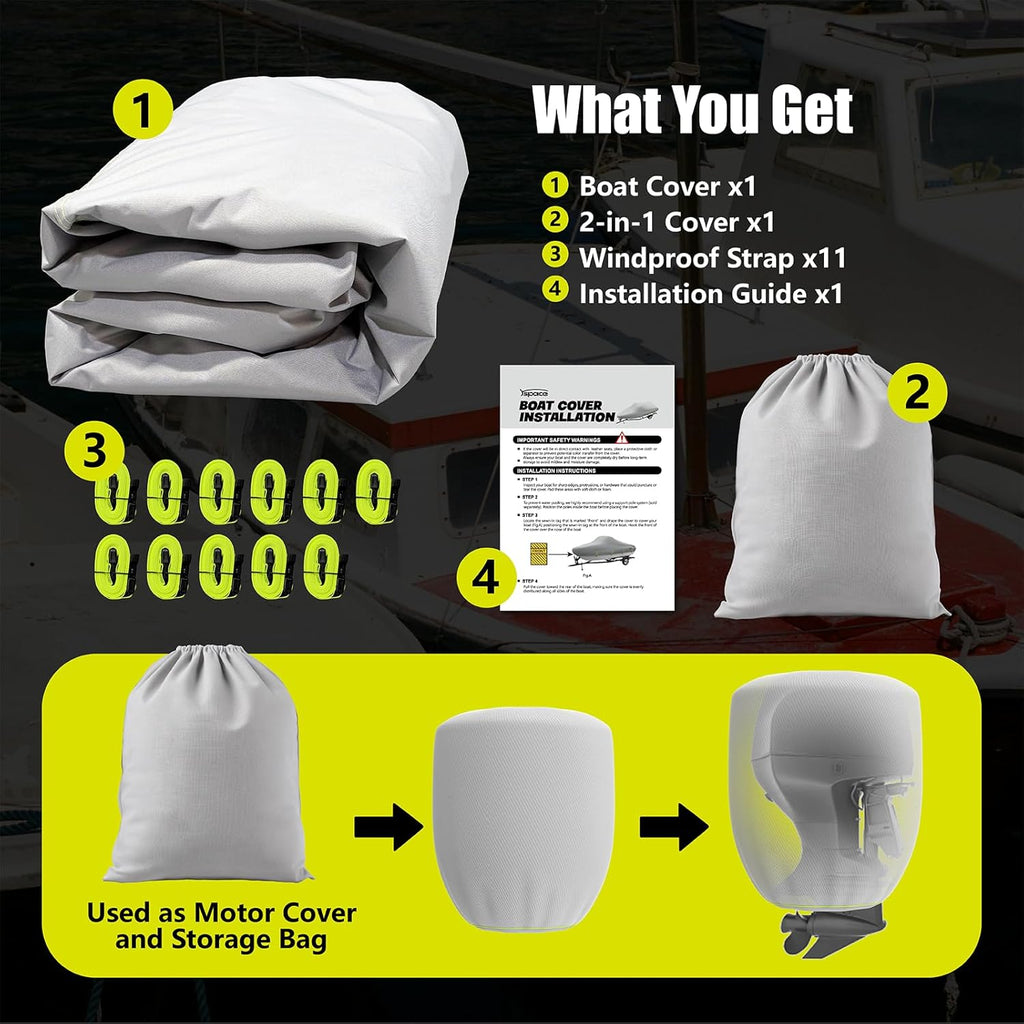 YSPACE Boat Cover - 17-19ft Heavy Duty Waterproof 1200D with Reflective Strips & Storage Bag | Fits V-Hull & Fishing Boats Up to 96" Wide
