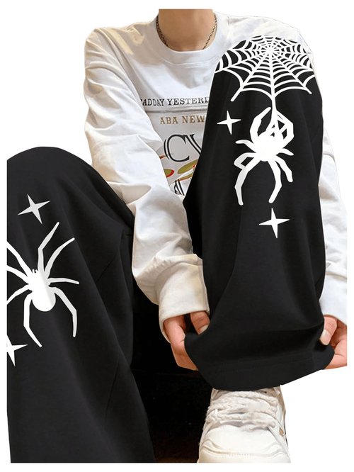 SHENHE Men's Graphic Sweatpants Spiderweb Print Drawstring Low Rise Y2k Pants Streetwear Black Medium