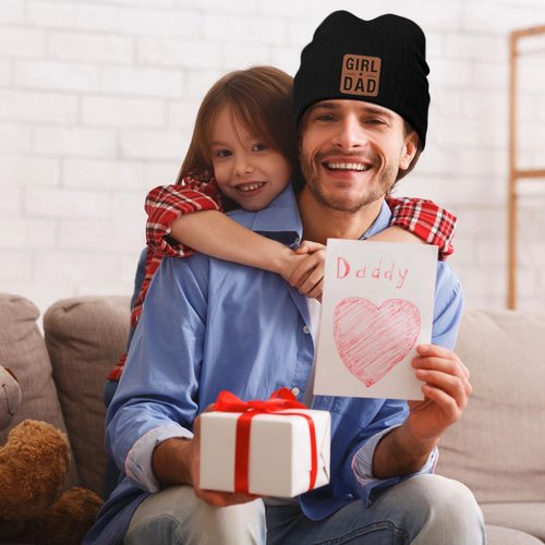 Girl Dad Gifts for Men - Dad Beanie Hat from Daughter for Christmas Birthday Winter Warm Knit Hat with Leather Patch