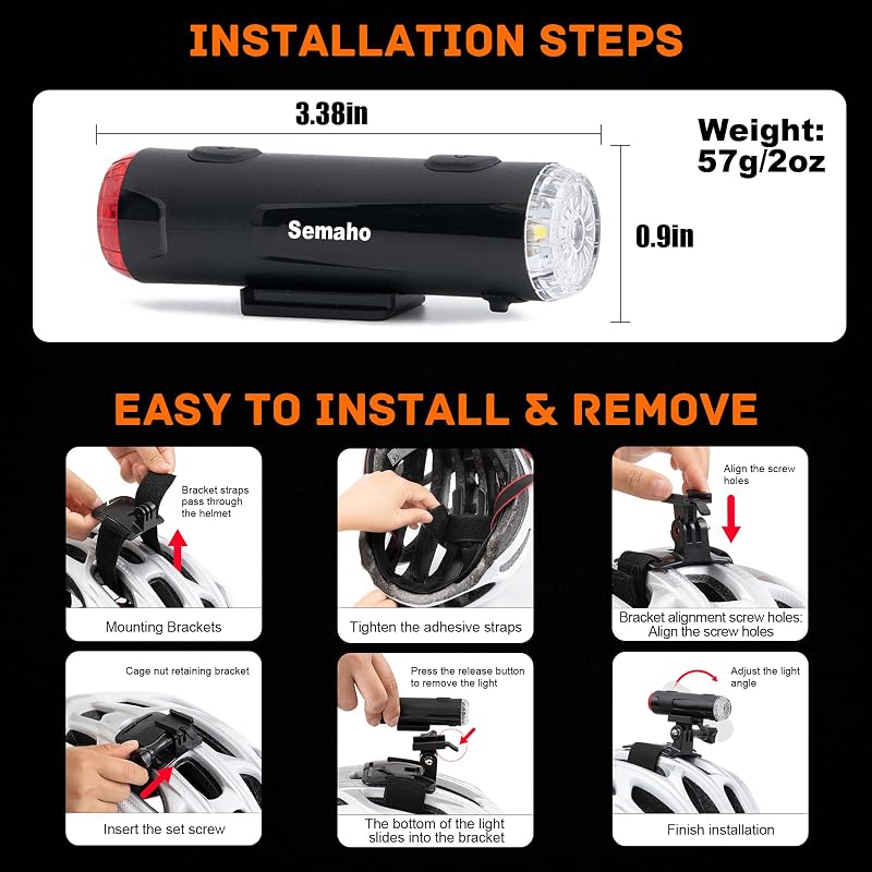 2-in-1 Rechargeable Helmet Light with 360° Front & Rear LED, IP66 Waterproof Bicycle Night Light