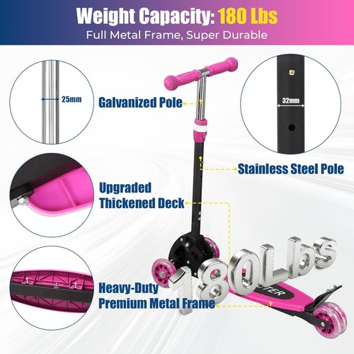 Kids 3-Wheel Kick Scooter – Adjustable Height, Gravity Steering, & LED Wheels, Foldable for Travel, Durable Metal Frame Supports up to 180 lbs