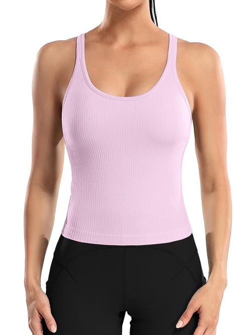 ATTRACO Cropped Workout Tops for Women Padded Basic Summer Ribbed Tank Tops Scoop Neck Pink M