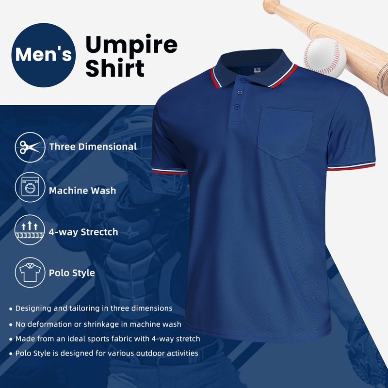 CUTIEHON Men's Baseball Softball Umpire Shirt, Short Sleeve Polo Referee Shirts Sized for Chest Protector Navy