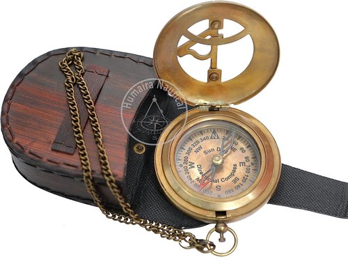 Aysha Nautical Brass Sundial Compass with Leather Case and Chain - Push Open Compass - Steampunk Accessory - Antiquated Finish - Beautiful Handmade Gift -Sundial Clock