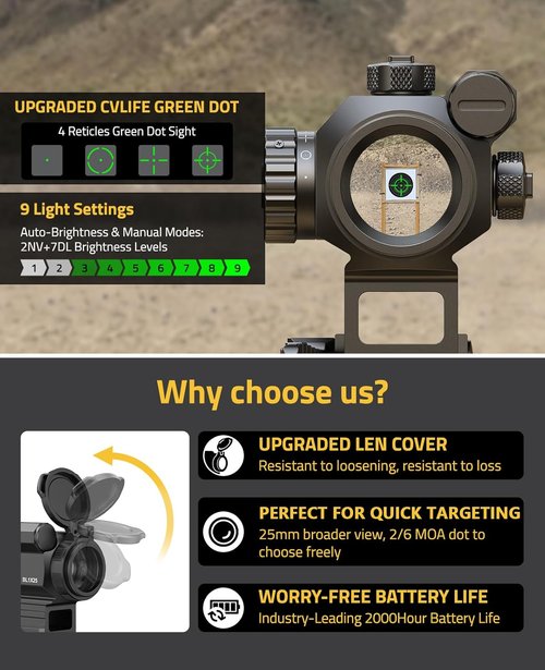 CVLIFE Red/Green Dot Sight - Auto-Brightness Multi-Reticle Scope with Quick Detach | 6 MOA Dot & 43 MOA Circle, IPX7 Waterproof