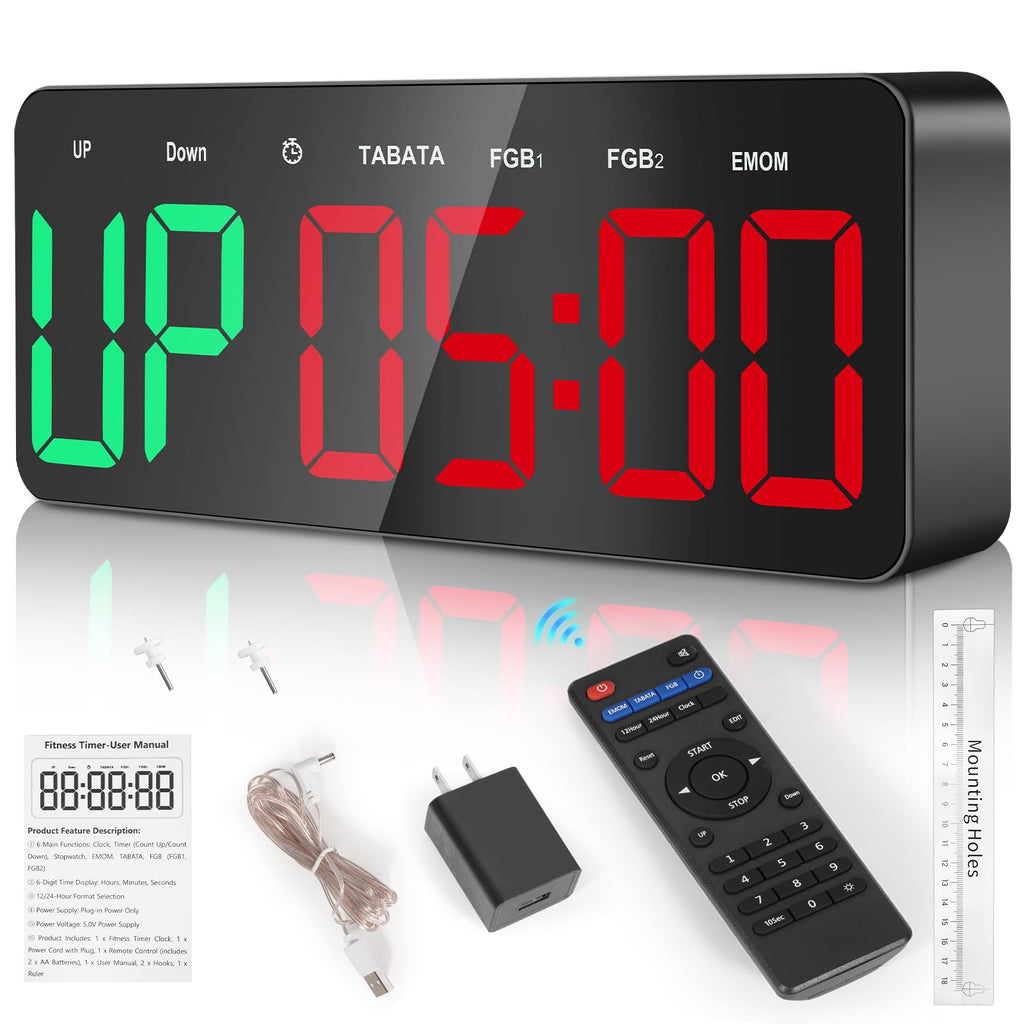 Gym Clock Timer for Tabata, FGB & EMOM, Large LED Workout Clock with Remote Control, 10 Custom Interval Modes, 120dB Buzzer, Fitness Digital Timer for Home Gym, HIIT, CrossFit, Boxing, Yoga, Garage