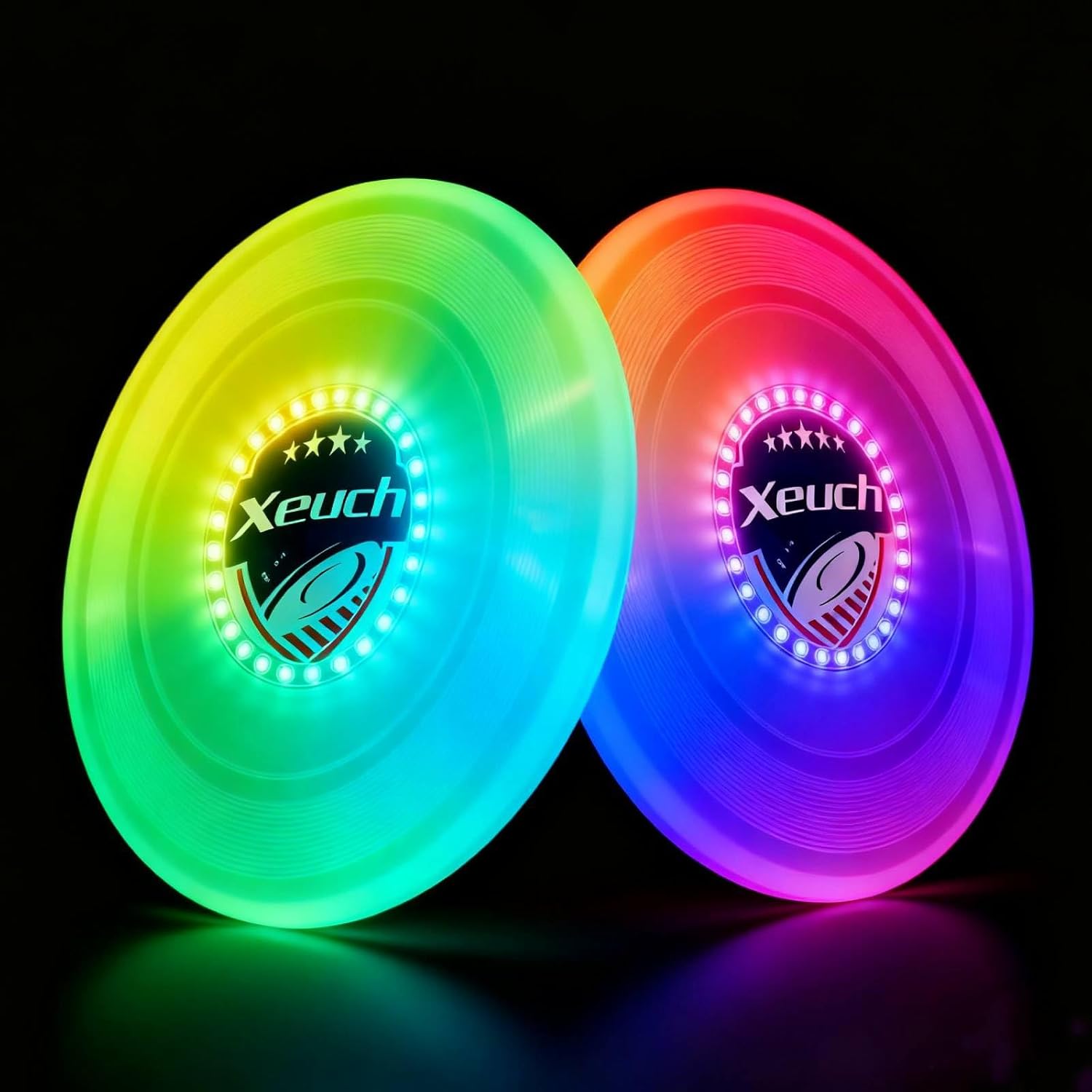 Xeuch Light Up Flying Disc 2 Pack, 175g, 16 Lighting Modes, 4 Brightness, 600mAh Rechargeable Battery, Built-in Timer and Sensor for Beach Camping Outdoor Games, Gift for Kids/Teens/Adults