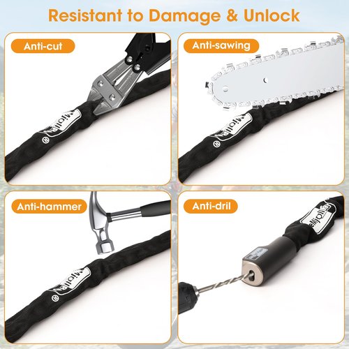 eMjollRay Anti-Theft Chain Lock for Scooter & Bike Heavy Duty Alloy Steel Security Lock with 2 Keys, Quick Push-to-Lock Mechanism Portable Waterproof Canvas Covered Motorcycle Lock