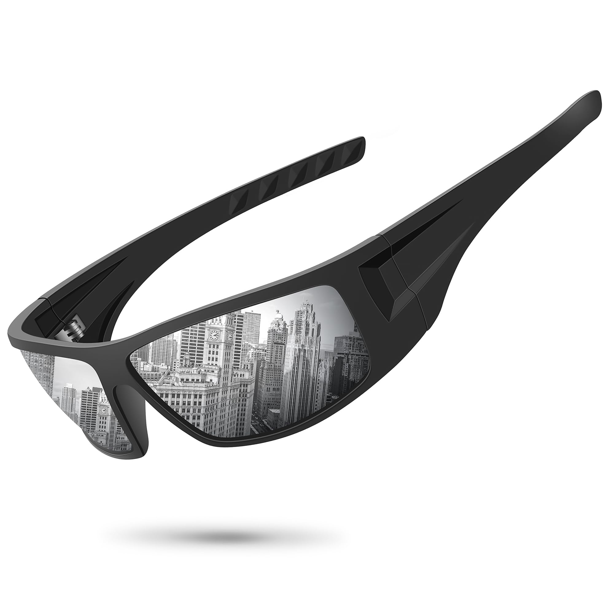 Ofwin Polarized Sports Sunglasses for Men Women Unbreakable Frame Cycling Fishing Wrap Around Sunglasses UV400 Protection Black Frame/Silver Mirror Lens