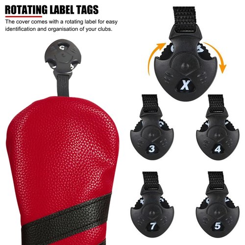 Golf Club Headcover PU Club Covers Wood Fairway Hybrid Rotatable Label 3 Size Club Head Cover Protector for Sports Outdoor (red)