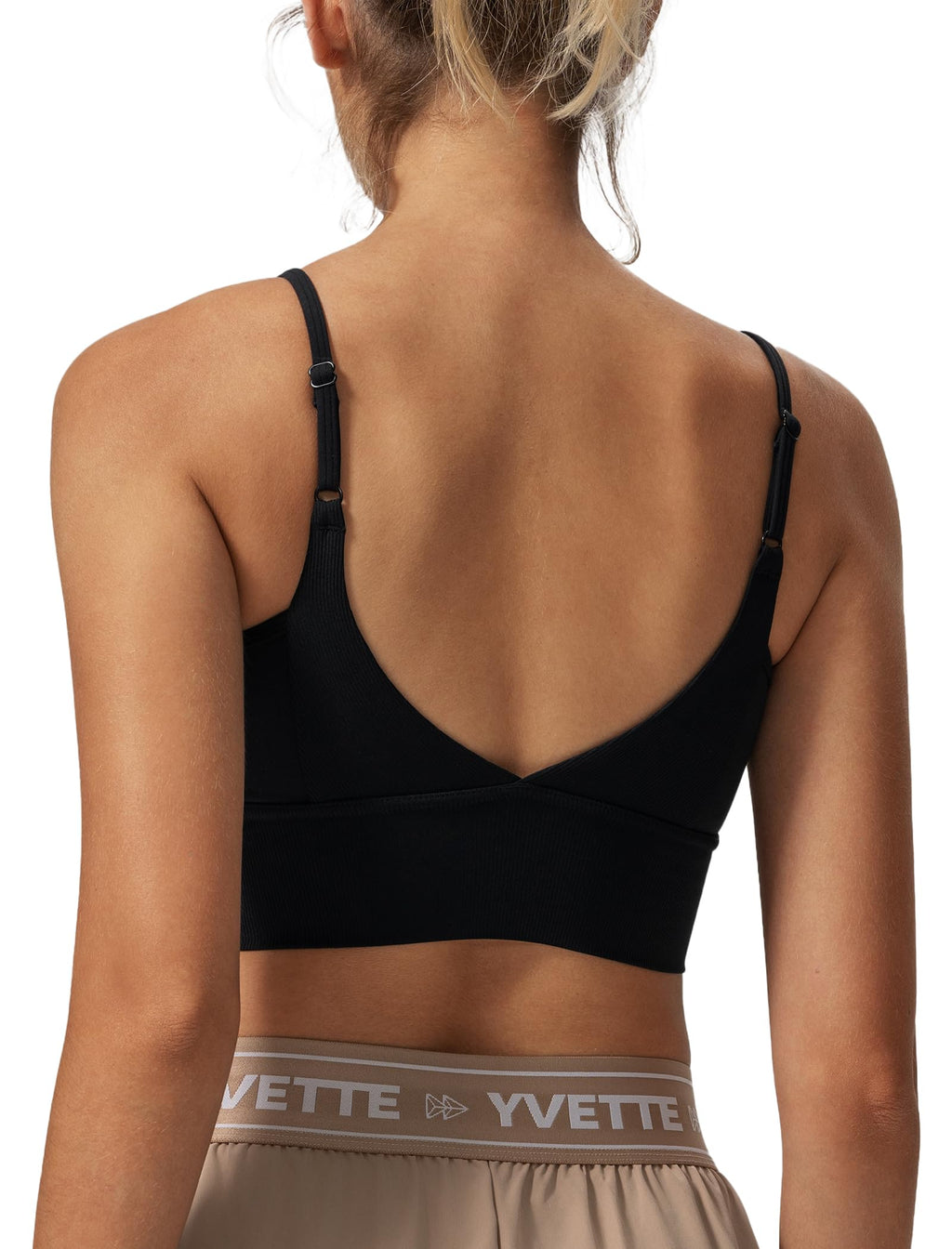 Yvette Adjustable Spaghetti Straps V Back Sports Bras for Women Light Support Padded Wireless Yoga Bra Cropped Tank Top,Black,M