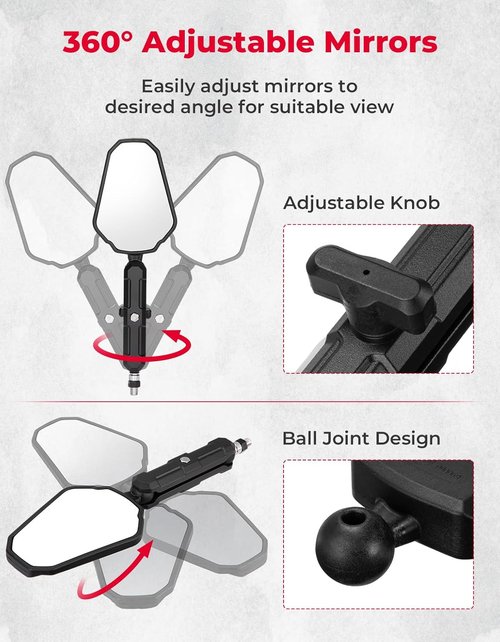 KEMIMOTO Universal Rearview Motorcycle Mirrors - Adjustable M8/M10 Bolt, 360° Convex Design, Foldable