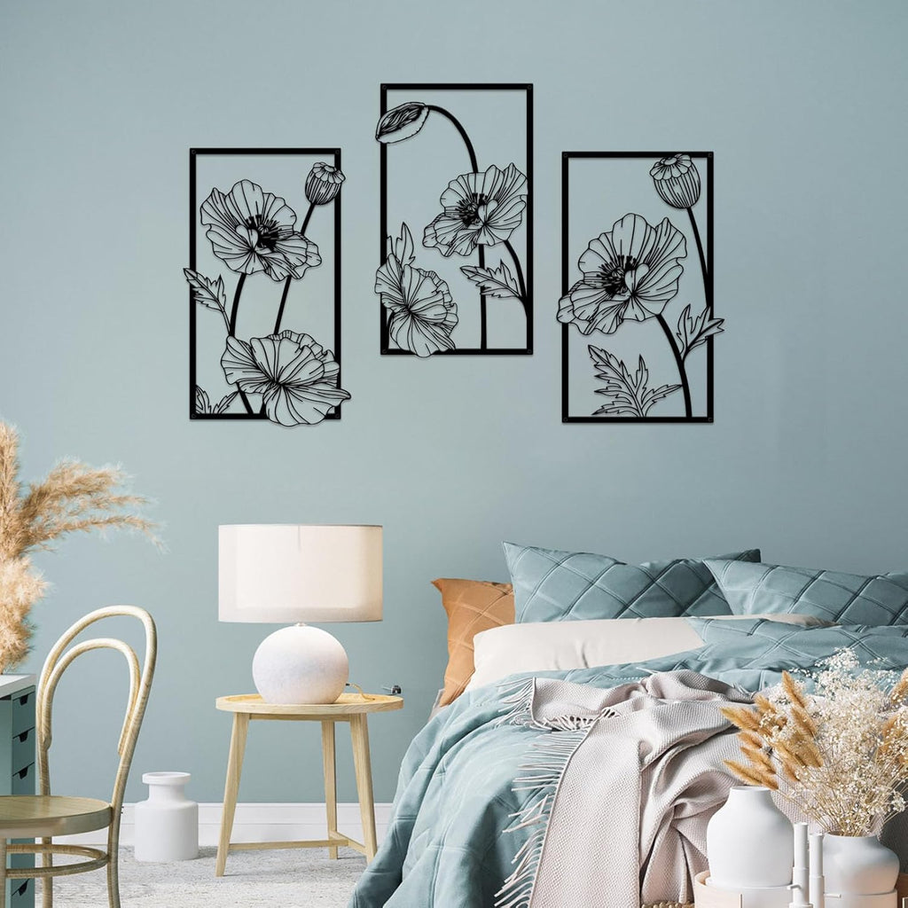 Resama Black Metal Flowers Wall Decor - Minimalist Abstract Floral Art for Bedroom, Bathroom, Kitchen