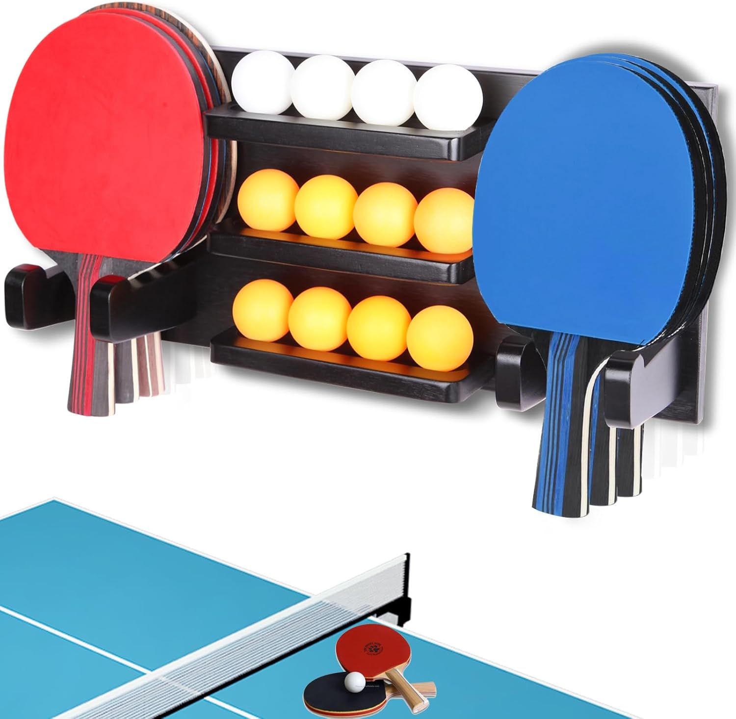 Ping Pong Paddle Holder - Wall-Mounted Storage Rack for 8 Paddles & 12 Balls | Game Room Organizer