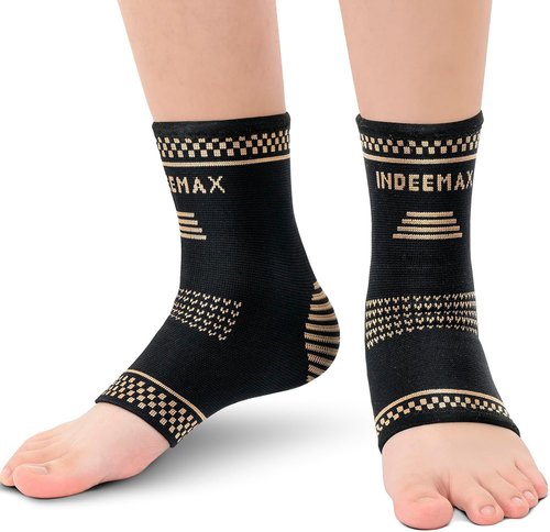 INDEEMAX Copper Ankle Brace - Compression Sleeve for Sprains & Foot Pain Relief | Size L