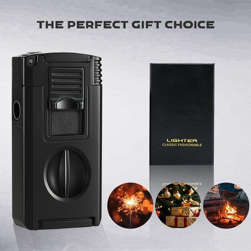 VloEssic 5-in-1 Dual Jet Flame Butane Torch Lighter Built-in V Cutter, Punch, Holder, Draw Enhancer Tool, Windproof Refillable Butane Lighter Gift for Men, Cool Lighters for Candle, Outdoor (No Gas)