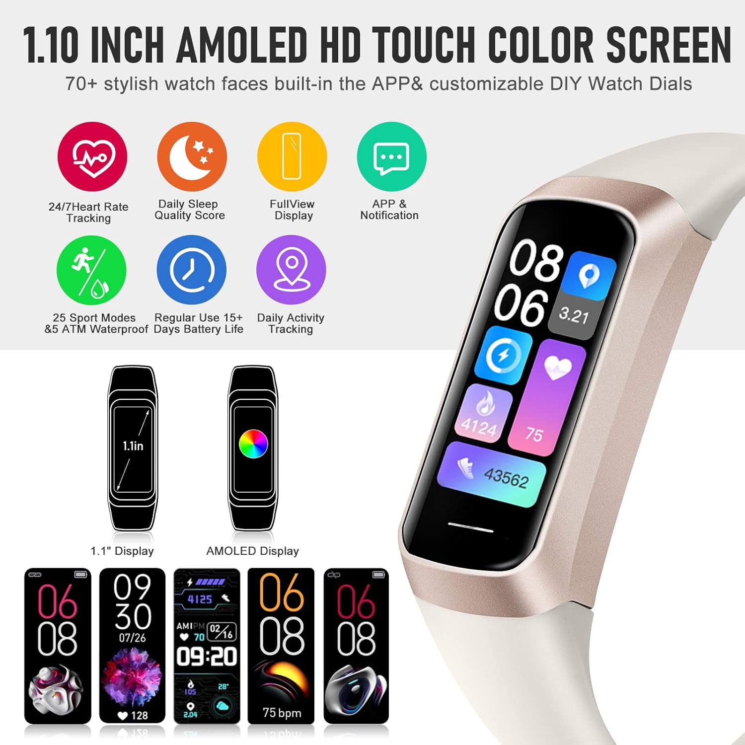 Skiennix Fitness Tracker - 24/7 Heart Rate Monitor & Sleep Tracking | 1.1" AMOLED Touch Screen