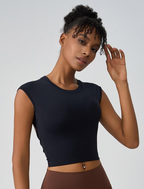 ABOCIW Workout Tops for Women Built in Bra Open Back Longline Sports Bras Cap Sleeve Athletic Yoga Crop Top Gym T Shirts Black Medium