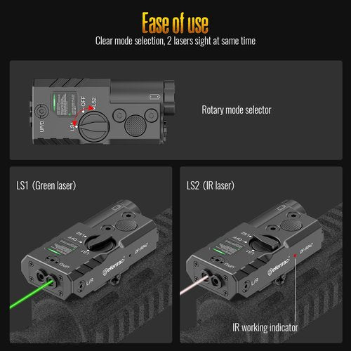 Defentac Dual Laser Sight with Green & IR Laser Options Compatible with Mlok/Picatinny - Strobe, Aluminum, Replaceable Battery