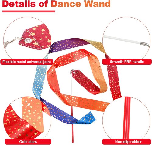 Gold Stars Dance Ribbons - 12-Pack Rainbow Streamers for Kids' Birthday & Patriotic Parties