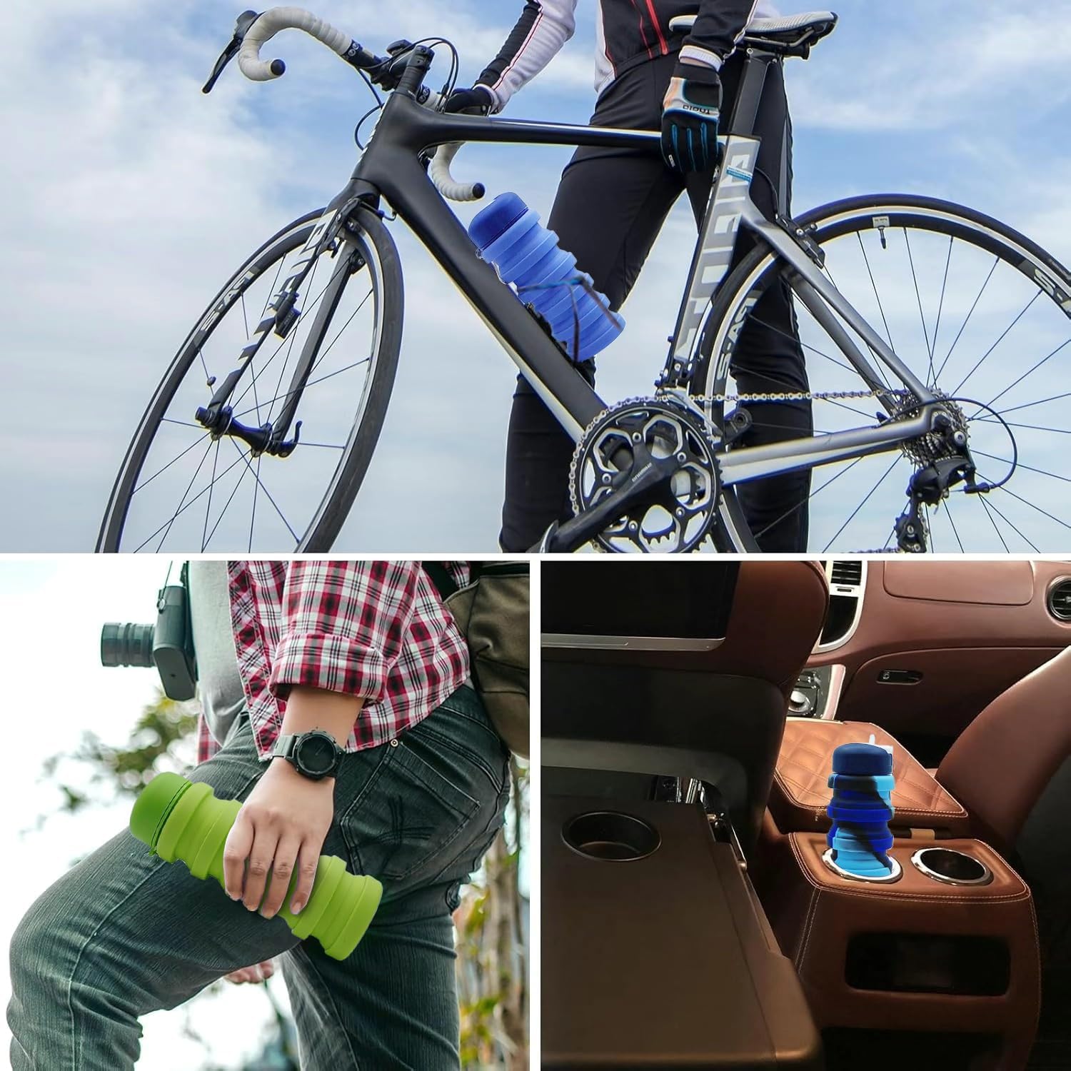 Skiennix Collapsible Water Bottles - 16oz Portable Silicone for Travel | Black & Green 2-Pack