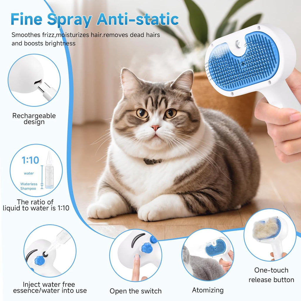 Skiennix Pet Steam Brush - 3-in-1 Grooming Tool for Shedding & Hair Removal - Self-Cleaning Mist Comb with Waterless Shampoo, Blue