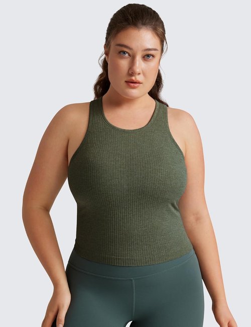 CRZ YOGA Seamless Ribbed High Neck Crop Tank Tops - Longline Racerback Padded Sports Bra for Women