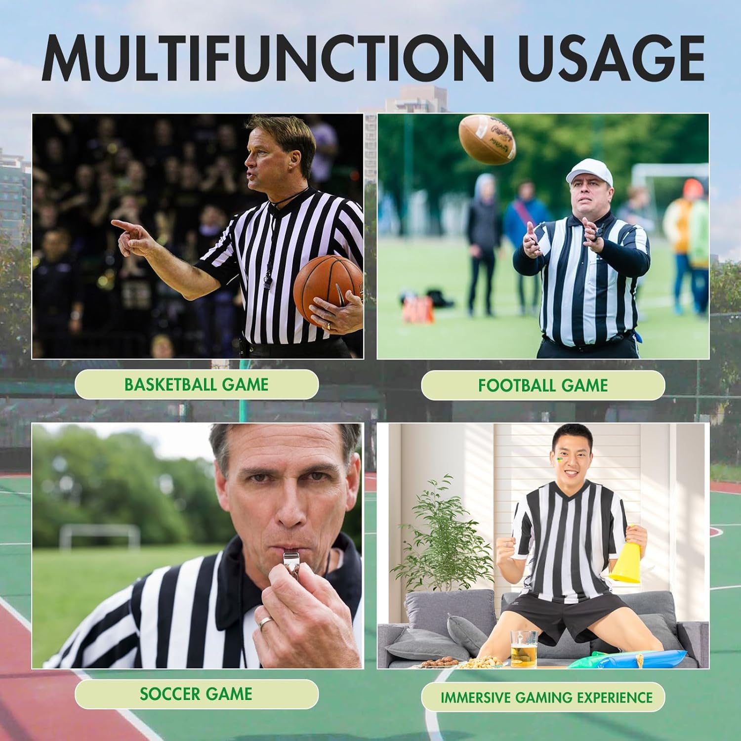 Skiennix Men's Referee Costume Set - 4 Pcs with Zipper Ref Shirt, Whistle & Penalty Flags