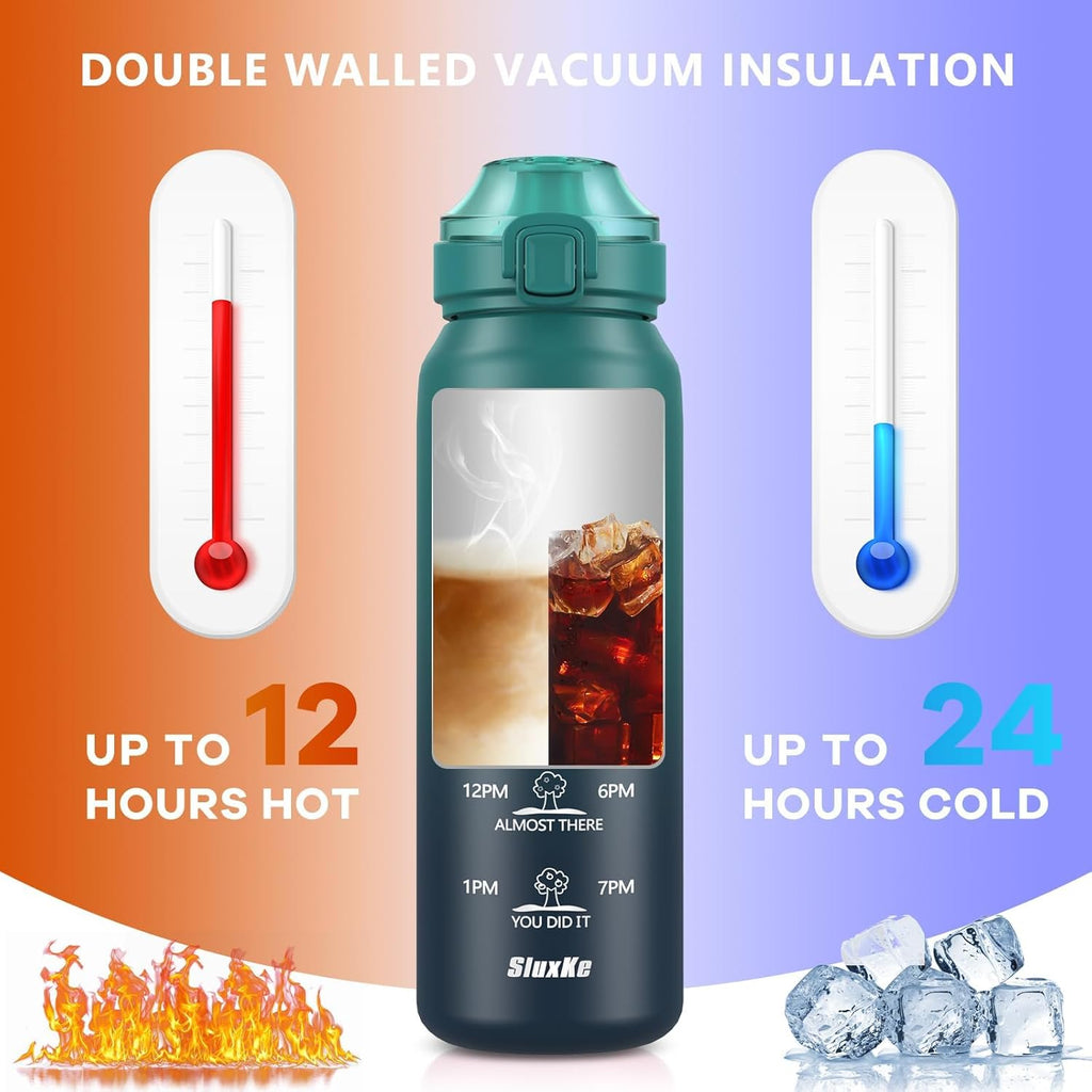 SLUXKE Insulated Water Bottle - 17oz Stainless Steel with 2 Lids | Double-Walled, Leakproof, Blue