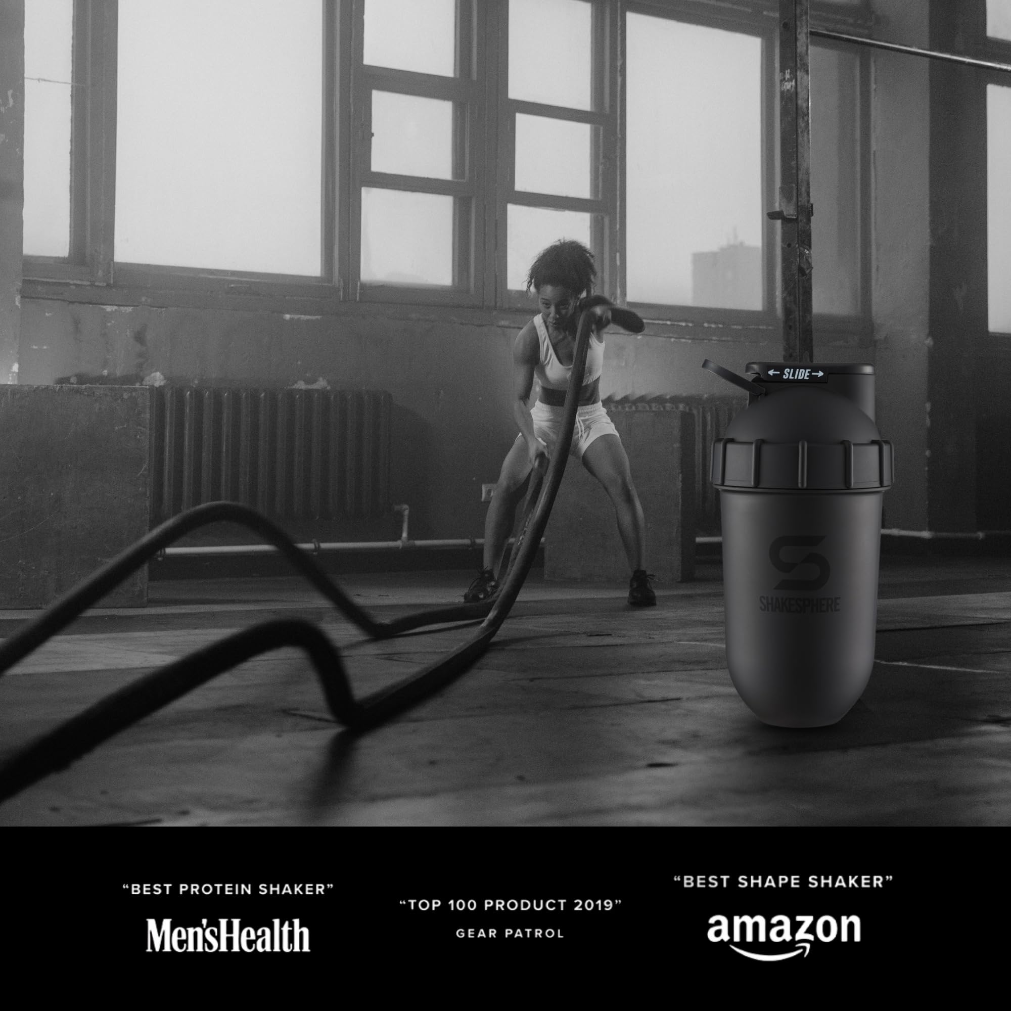 SHAKESPHERE Shaker Bottle - 24oz Leak Proof Protein Shaker Bottle for Pre Workout, Smoothie, and Powder Drink Mixes, No-Blade Mixer for Gym, BPA-Free, Easy Clean & Easy to Carry (Matte Black)