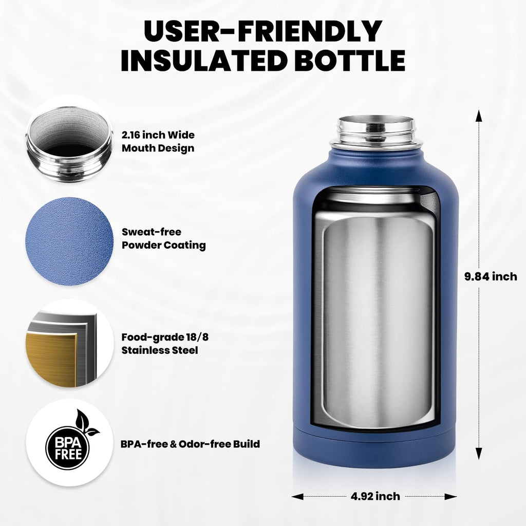 RAYMYLO Insulated Water Bottle 64 oz, Triple Wall Vacuum Stainless Steel (Cold for 48 Hrs), Leak Proof & Non-BPA, Half Gallon Water Flask Jug with Paracord Handle & Straw Spout Lids, Navy Blue