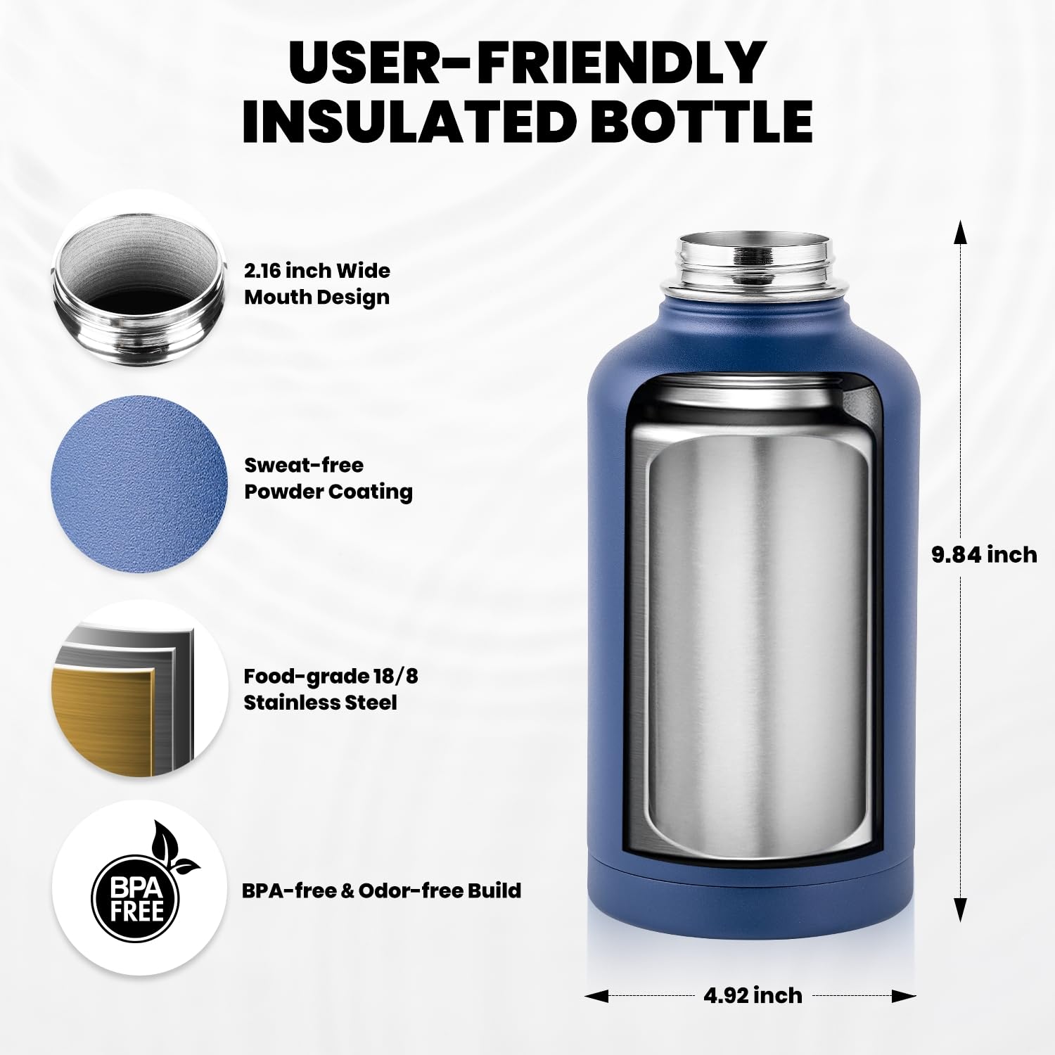RAYMYLO Insulated Water Bottle 64 oz, Triple Wall Vacuum Stainless Steel (Cold for 48 Hrs), Leak Proof & Non-BPA, Half Gallon Water Flask Jug with Paracord Handle & Straw Spout Lids, Navy Blue