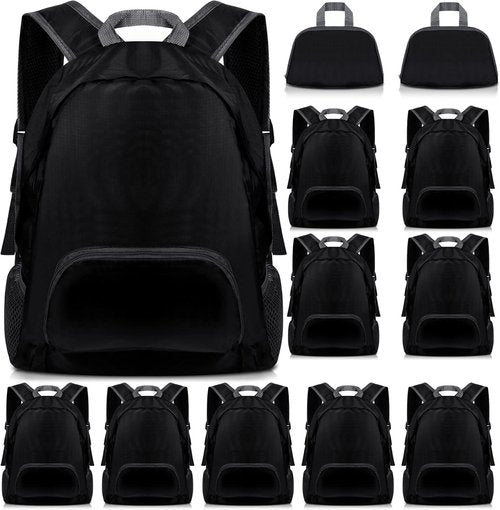 Dunzy Foldable Backpacks - 12 Pcs Lightweight Bulk Pack for Travel & Events | Black Color