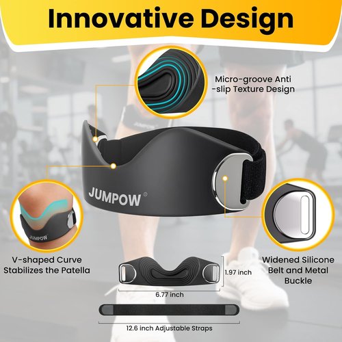 JUMPOW Silicone Patellar Tendon Support Strap - Adjustable Non-Slip Knee Brace for Sports | 2 Pack, Black