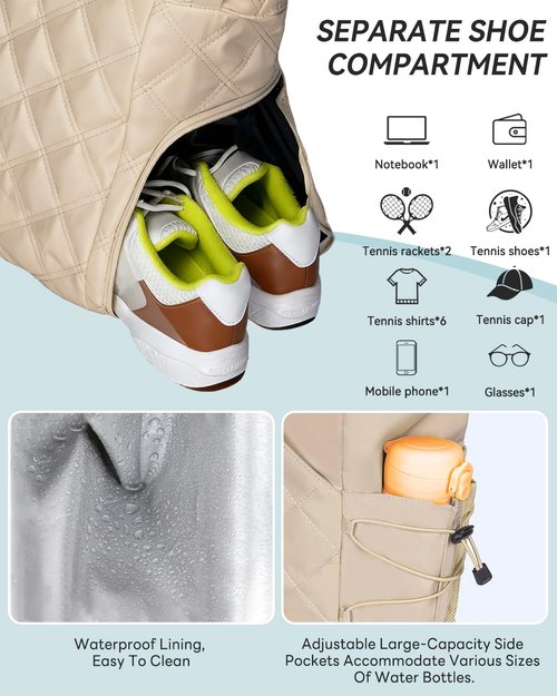 megarte Tennis Tote Bag With Shoe Compartment For Men & Women Pickleball Tote & Waterproof Tennis Tote Holds 2-4 Rackets With Shoe Compartment, Wet Pocket, Sports Travel Duffle Fits 15.6" Laptop