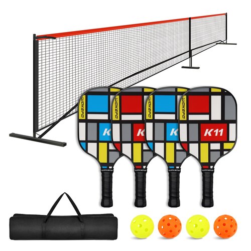 DUJORM Pickleball Set with Net and Paddles, 4 Player Set, Multicolor Wooden Paddles, 22FT Portable Net, 4 Balls,Pickleball Paddle Set of 4 with Net and Carring Bag
