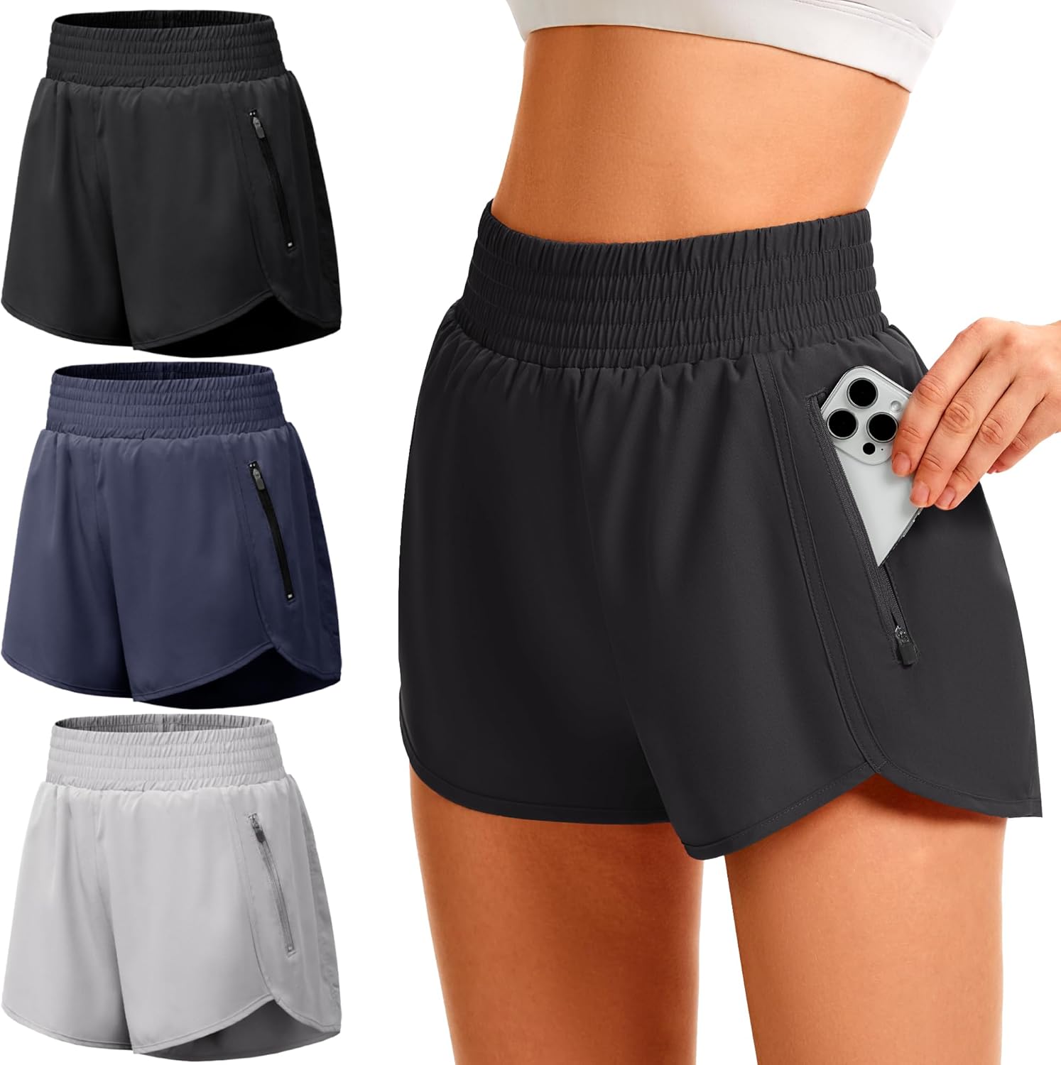 TVKSOM Women's High-Waisted Athletic Workout Shorts - Elastic Gym Shorts with Zipper Pockets
