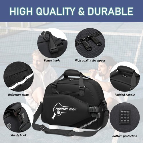 BISKLNDN Pickleball Bag for Women and Men, Pickleball Tote Bag with Various Zipper Pockets for Balls, Paddles, Shoes, Movil Phone and Power Bank with a Fence Hook, Black