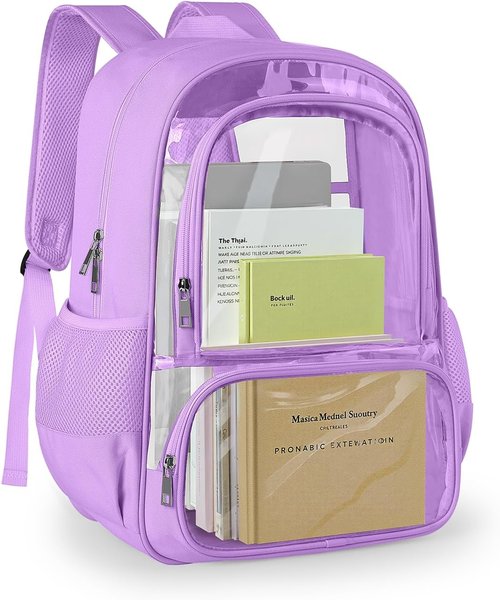KIMNERPU Clear Backpack - Heavy Duty Transparent Bookbag with Reinforced Straps | Large Capacity, Purple