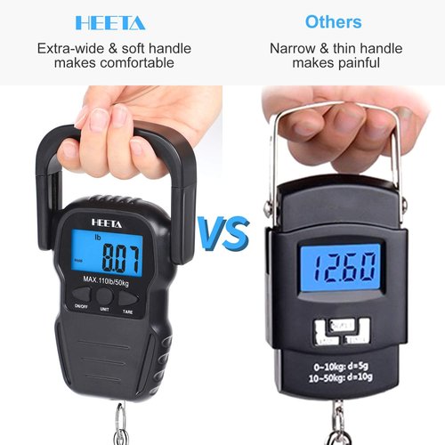 HEETA Digital Fish Scale - Backlit LCD Display, 110lb Capacity, Hook & Measuring Tape Included