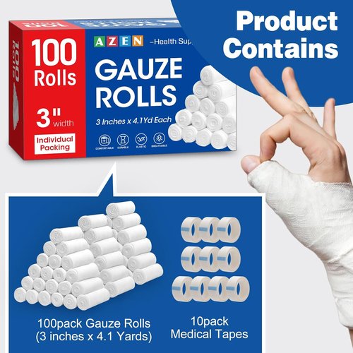 AZEN Gauze Rolls Bandages - 100 Pack, 3 in x 4.1 Yards | Premium First Aid & Medical Supplies