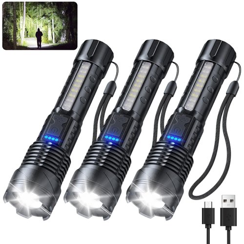 JIJ Flashlight 3 Pack, Rechargeable Flashlights High Lumens, 7 Modes LED Flashlight with IP67 Waterproof, Adjustable Handheld Tactical Flashlight for Camping, Home Emergency, Outdoor