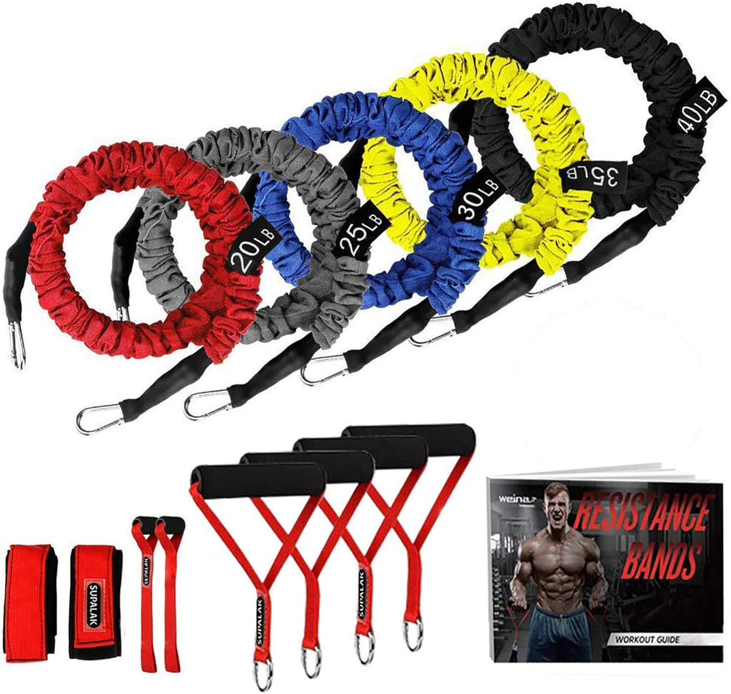Supalak Resistance Bands Set - 15 Pieces of Durable Elastic Bands (20lbs to 40lbs) with Anti-Snap Sleeves
