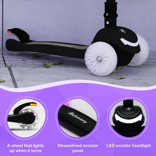 Rahmory 3-Wheel Light-Up Kids Scooter,20 Different Light Patterns,Three Adjustable Heights,Lean to Steer, Folding Scooter for Ages 3-8
