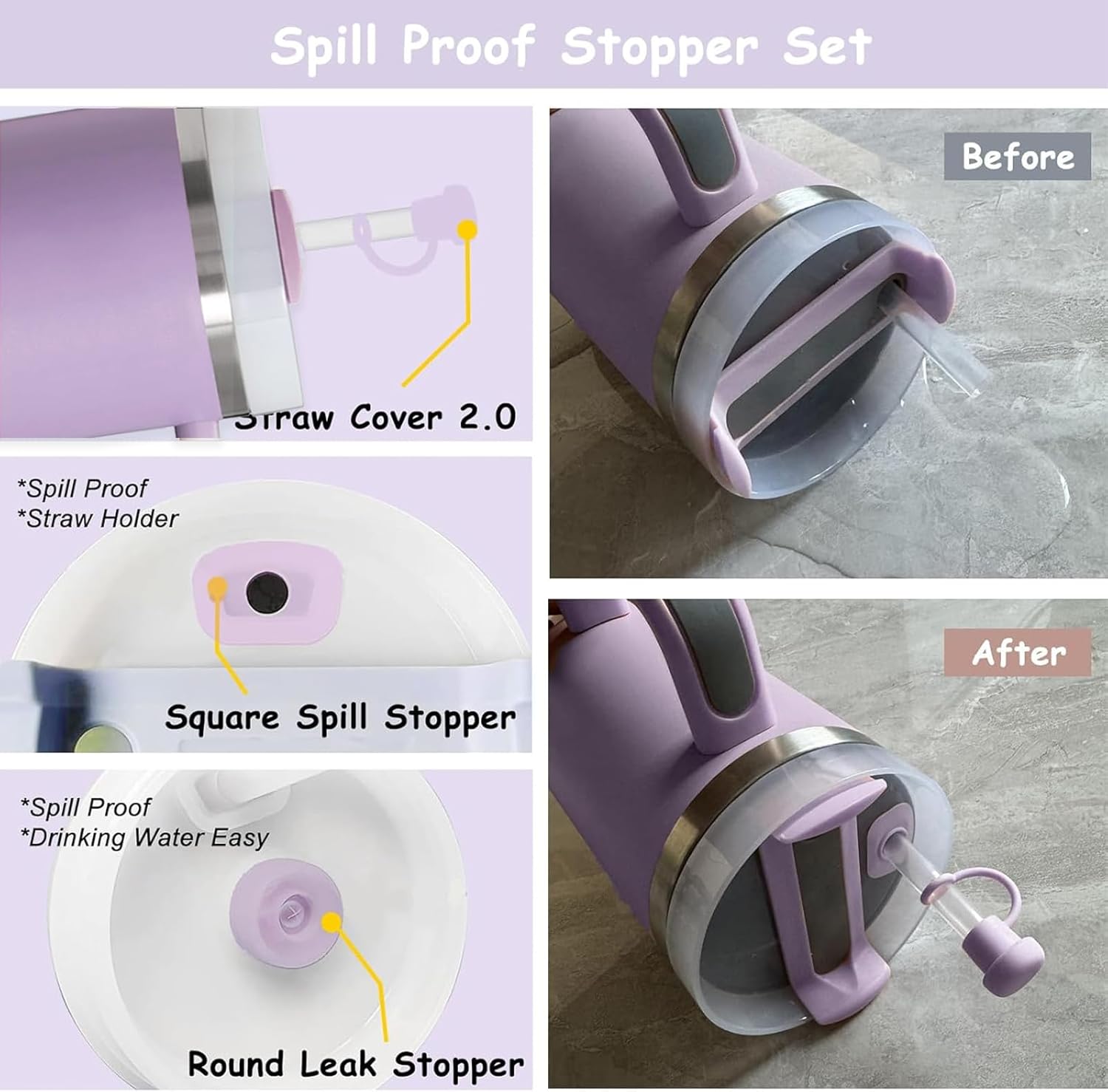 Stanley Cup Accessories Set - 2 Straw Covers, 1 Spill-Proof Stopper & 1 Flower Handle Charm - Purple