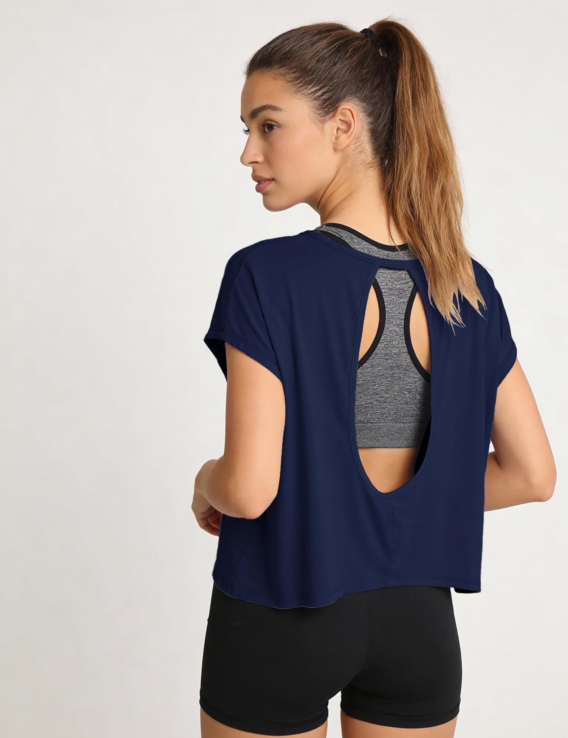 Totatuit Women's Open Back Workout Tops - Oversized Crop Gym Shirt for Running & Yoga - Short Sleeve Athletic Tee