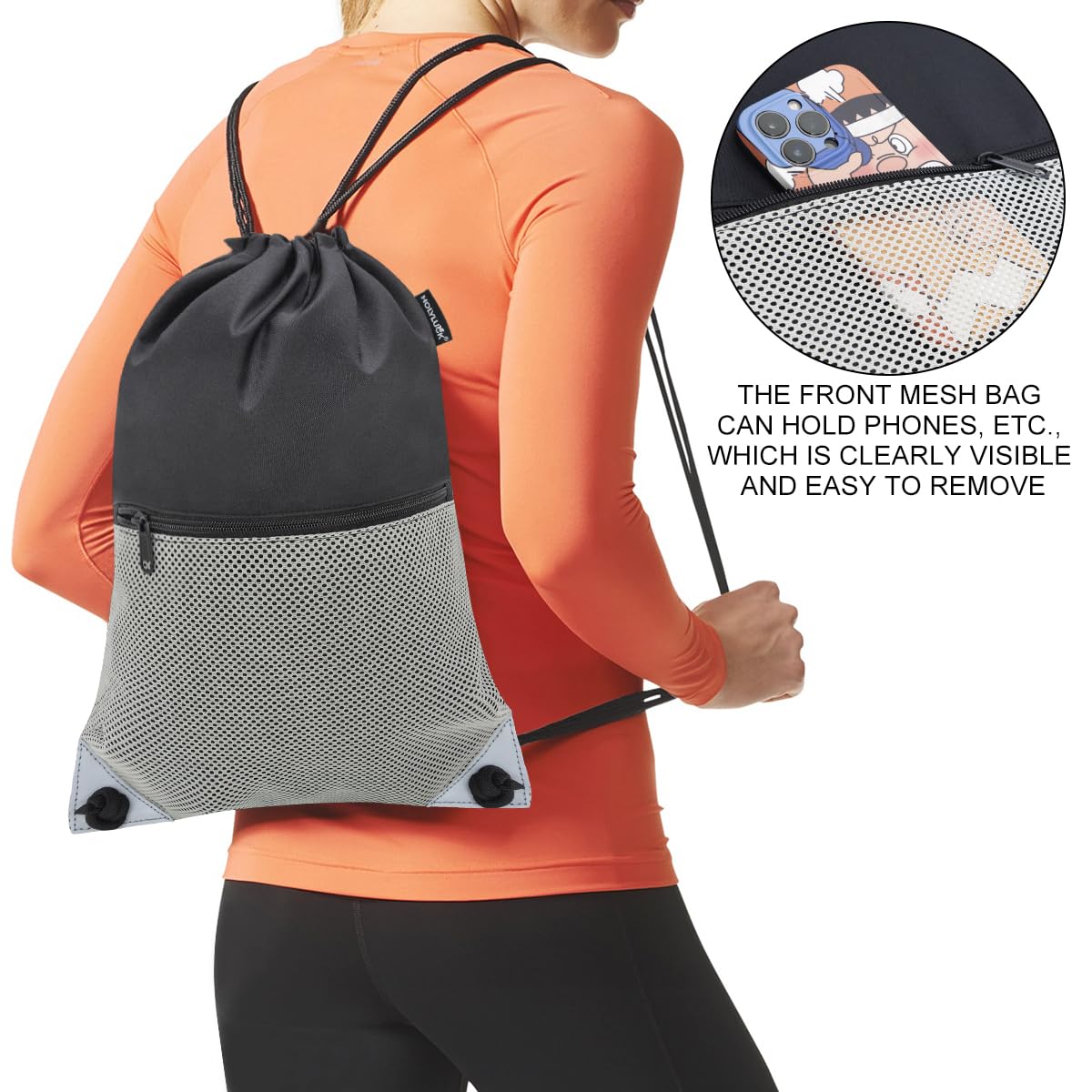 HOLYLUCK Drawstring Backpack Gym Sports Bag with Front mesh zipper Pocket 18.6" L x 13.5" W Cinch Sack String Sackpack For Men Women (black and grey)