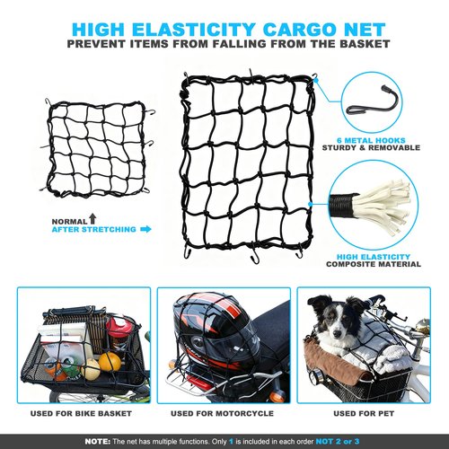 MATTISAM Waterproof Bike Basket Rain Cover and Bungee Cargo Net - Elastic Bicycle Basket Liner with Reflective Strip, Fits Most Bikes (Black, Medium-60L)