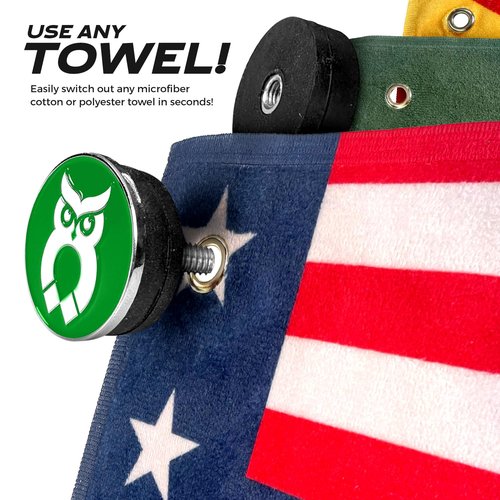 MagnetOwl Magnetic Golf Towel Clip (Turn Any Golf Towel Magnetic) - with 2 Sided Removable Ball Marker - Highest Strength Magnet - Removable and Resuable Towel Magnet - (Green)